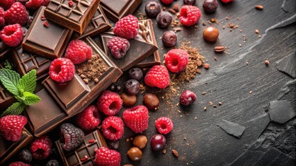 Poster - Dark chocolate pieces, a vibrant mix of fresh raspberries and blueberries, scattered on a dark slate surface, creating a delicious and tempting tableau.