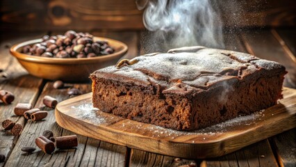 Wall Mural - A freshly baked chocolate cake, dusted with powdered sugar, sits on a wooden cutting board, radiating warmth and a sweet aroma.