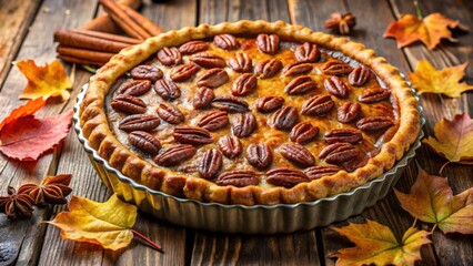 Canvas Print - A freshly baked pecan pie with a golden crust, decorated with autumn leaves and cinnamon sticks, ready to be enjoyed.