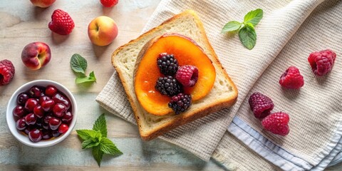 Poster - A toast topped with a sliced peach, blackberries, and raspberries, accompanied by a bowl of cherries and fresh mint leaves