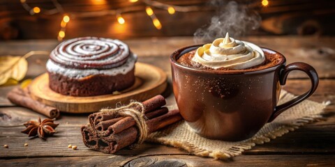 Poster - A Warm Mug of Hot Chocolate Topped with Whipped Cream and Cinnamon, Alongside a Rich Chocolate Cake and Sticks of Cinnamon on a Rustic Wooden Table