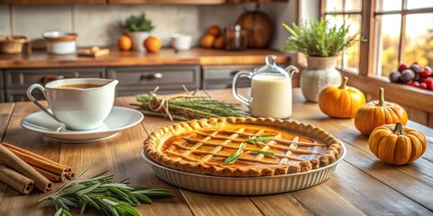 Canvas Print - A Freshly Baked Pumpkin Pie Adorned with Rosemary, Nestled on a Rustic Wooden Table, Ready for a Cozy Autumn Gathering