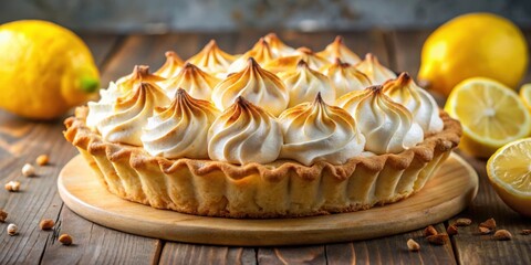 Canvas Print - A golden crust lemon meringue pie topped with toasted meringue swirls and surrounded by lemons on a rustic wooden table