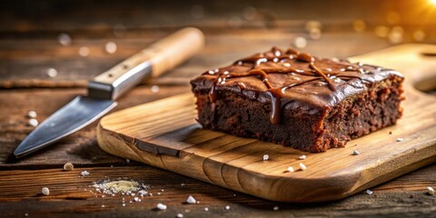 Wall Mural - A Single Piece of Decadent Chocolate Brownie Topped with Caramel Drizzle, Served on a Rustic Wooden Cutting Board with a Knife