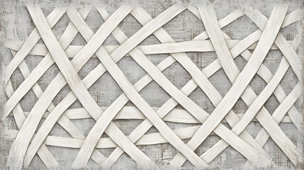 Wall Mural - Vintage-inspired woven rattan mat background featuring a distressed, organic pattern of intertwined white bamboo strips, evoking a sense of timeless, rustic charm. Woven. Illustration