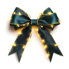 Wall Mural - radiant emerald green bushy Christmas bow adorned with warm lights, perfect for festive decorations and celebrations