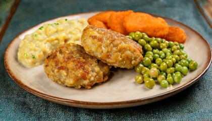 Poster - Close-Up of a Traditional Swedish Wallenbergare Dish with Mashed Potatoes, Carrots, and Peas