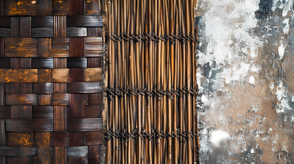 Wall Mural - Natural woven rattan and bamboo fibers blend with distressed old wall textures in a unique abstract background, evoking a sense of organic, earthy elegance. Woven. Illustration