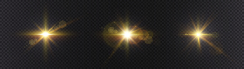 Leinwandbilder - Set of light effects. A flash of warm light, a star on a transparent background. Sun, summer. light sunlight. Vector	