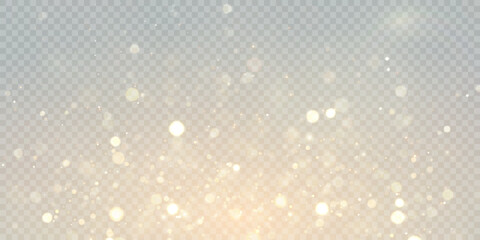 Fototapete - Gold dust light bokeh. Christmas glowing bokeh and glitter overlay texture for your design on a transparent background. Golden particles abstract vector background.	