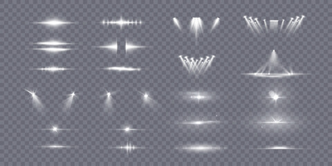 Aufkleber - Set of white light spotlights, flashes of light on a transparent background. Vector glowing light effect.	
