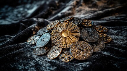 Aufkleber - Artistic brass buttons arranged in sun design home decor still life cozy environment close-up view creative concept