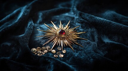 Aufkleber - Radiant sun design with brass buttons creative crafting home decor artistic environment close-up view handmade concept