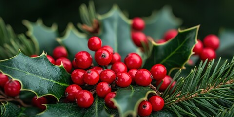 Wall Mural - Bright red holly berries and green leaves create a festive display in winter foliage arrangements for holiday celebrations