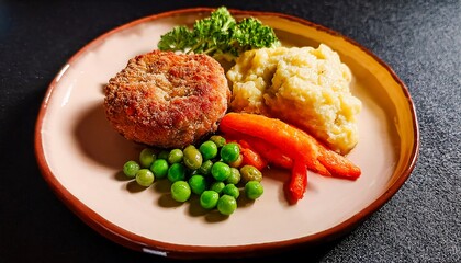 Poster - Close-Up of a Traditional Swedish Wallenbergare Dish with Mashed Potatoes, Carrots, and Peas