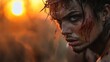 ©  lukaPixMedia - A man with a fierce expression, adorned with a thorny crown and smeared with blood, gazes intensely under the glow of a sunset, symbolizing resilience and passion.