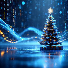 Wall Mural - glowing christmas tree on abstract futuristic background with glowing particles. combination of high