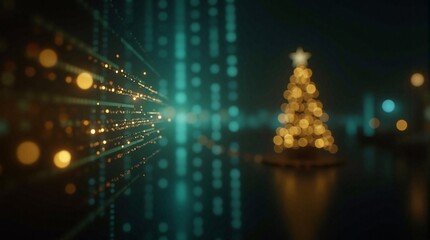 Wall Mural - glowing christmas tree on abstract futuristic background with glowing particles. combination of high