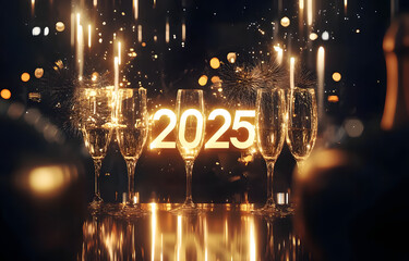 Poster - Golden 2025 with champagne flutes and fireworks in a celebratory new year scene.