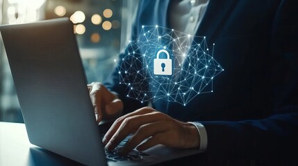 data protection and cybersecurity concept a businessman uses a laptop with secure encryption firewal