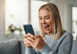 © Alper AI - An overjoyed woman holding her phone, screaming with joy and excitement in her living room, reacting to exciting news