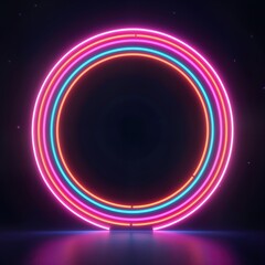 Poster - Colorful neon ring glows brightly. Abstract vibrant shapes create dynamic, futuristic pattern. Intense bright lights create powerful visual effect. Modern graphic design. Energetic circle with pink