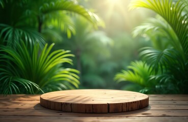 Aufkleber - Wooden round platform sits in rich green tropical setting. Sunlight filters through palm leaves creating warm natural ambiance. Empty space for product presentation advertisement. Tropical theme.
