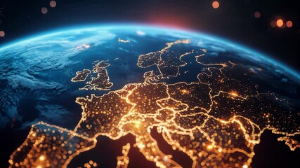 Wall Mural - europe map on digital globe, sunrise over horizon, european union connectivity, network glowing ligh