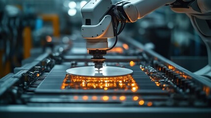 robotic arm precisely moves silicon wafer on tool table in semiconductor factory. high tech manufact