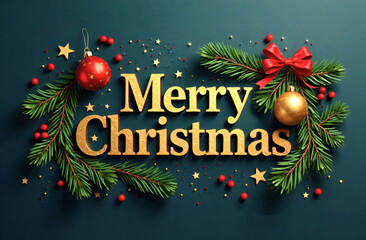Wall Mural - merry christmas banner with christmas tree branches, ornaments, bow and stars on dark blue backgroun