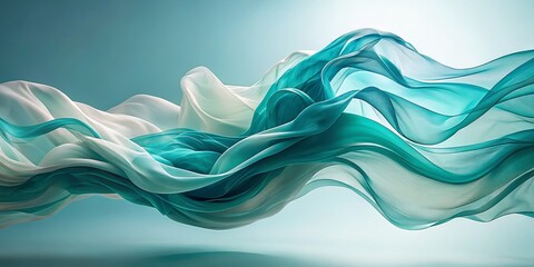 Sticker - Abstract Teal and White Fabric Flow 3D Render,Wave,Silk,Digital Art,Texture Abstract art,fabric design