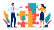 © Michel - Teamwork concept in modern flat design for web. Man and woman cooperating and brainstorming in office, connecting puzzle project pieces, doing challenges and support partners.