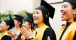 © peopleimages.com - Excited, clapping and graduation for group, education and success for students, happy and achievement. College, accomplishment and applause for knowledge, friends and Asian people on event in Japan