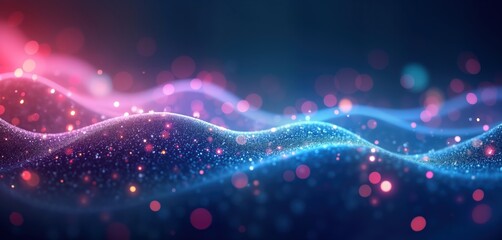 Poster - Abstract design with vibrant blue, pink glowing lights. Futuristic patterns, shimmering texture create cosmic background. Dynamic light effects create sense of movement. Digital illustration could