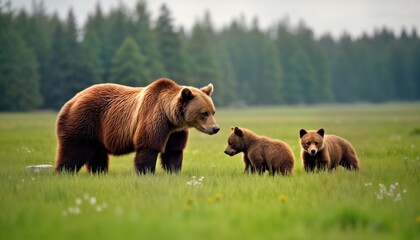 Wall Mural - Brown bear mom and two cubs in green meadow. Wild animals in natural habitat. Mother bear watches over playful cubs. Scenic landscape. Nature scene. Wildlife photo.