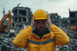 © A2Z AI  - Construction worker in a yellow helmet with a worried expression, reflecting concern or focus on a challenging task, capturing the intensity and responsibility in the construction field