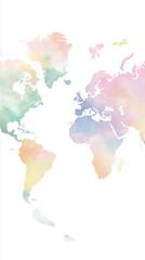  Artistic World Map with Watercolor-Style Continents in Pastel Tones, Set on a Seamless White Background for an Elegant and Modern Aesthetic