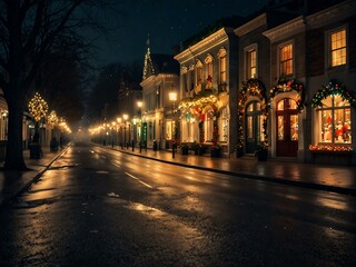 Wall Mural - Nighttime Christmas street with decorations.