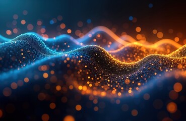 Poster - Abstract futuristic background displays dynamic glowing neon wave lines. Gold, blue glowing particles create high-speed data transfer concept. Fantastic, vibrant colors create artistic, innovative