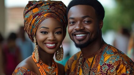 African American couple smiles happily at camera. Woman wears traditional dress with colorful patterns. Man traditional attire too. Couple looks happy, in love. Posing for photo. May part of wedding