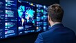 © typepng - A business manager leads a virtual meeting, displaying team members on a large screen, showcasing remote management and digital communication.