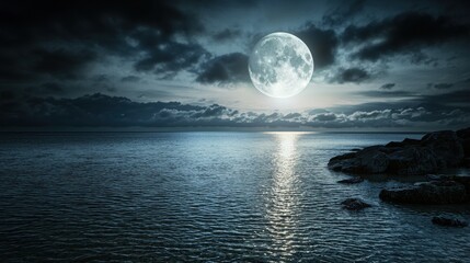 Wall Mural - Moonrise over a tranquil ocean coastal landscape night sky reflective water nature's beauty peaceful serenity