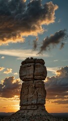 Wall Mural - Panoramic view of a solitary rock formation against a cloudy sky at sunset.