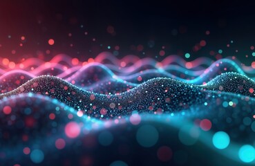 Poster - Abstract futuristic backdrop features glowing neon wave lines. Dynamic pink, blue light streams flow over textured surface of shimmering particles. High speed data transfer concept. Intricate bokeh