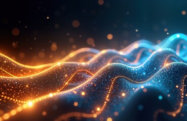 Poster - Abstract futuristic background displays glowing neon wave lines. Dynamic flow of gold, blue light. High-speed data transfer concept. Fantastic wallpaper design. Modern, vibrant colors. Luxurious,