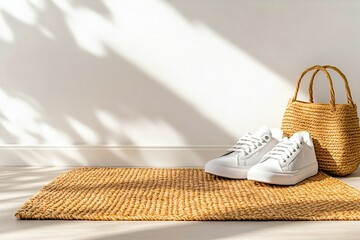 Wall Mural - White Sneakers, Woven Bag, and Jute Rug on White Wall