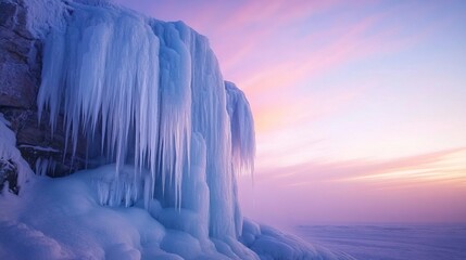 Wall Mural - Majestic Frozen Waterfall with Icicles at Dawn Frozen Waterfalls and Ice Formations ,Winter seasson, Happy New Year, Happy christmass