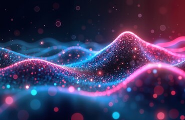 Poster - Futuristic abstract background. Pink, blue glowing neon lines, data transfer wave. Dynamic high speed motion. Bokeh lights create depth, energy. Data transfer tech concept. Modern design. Elegant,