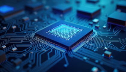 Leinwandbilder - Closeup view of complex blue computer chip on circuit board. Chip detailed pattern of glowing squares. Circuit board displays intricate pathways, components. Tech illustration perfect for innovative