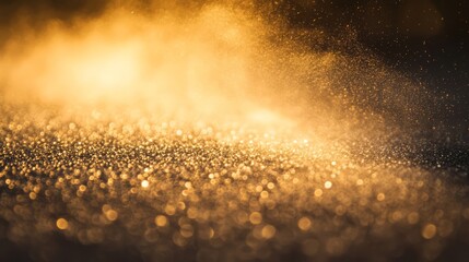 Wall Mural - Golden glitter texture with bokeh lights and dark background.